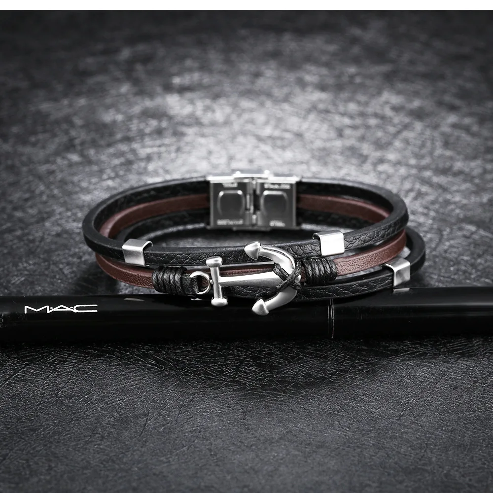 Metro Jewelry Men's Anchor Bracelet - Stainless Steel & Black Genuine Leather With Rose Gold Plating (8.5 Inch)
