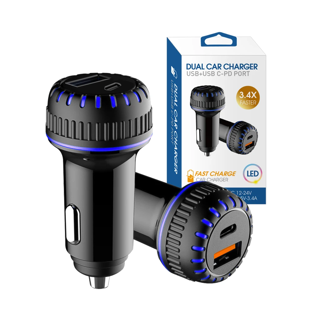Car Adapter Type C + Usb A Dual Ports Car Phone Charger Fast Charging USB Type C Car Charger with Retail Box