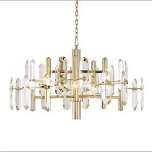 Trending Modern Pendant Light Dinning Room Nordic Gold Led Luxury Long Tube Crystal Chandelier