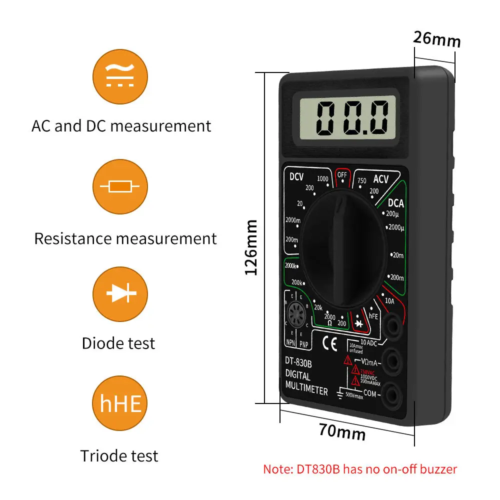 DT830B AC/DC LCD Digital Multimeter 750/1000V Voltmeter Ammeter Ohm Tester High Safety Handheld Meter Digital Multimeter DT-830B