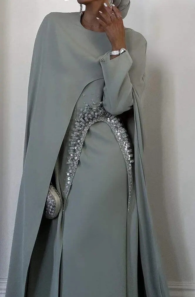 2024 New Design Muslim Stretch Slimming Lantern Gauze Sleeve Party Turkish Abaya Women Evening Dress