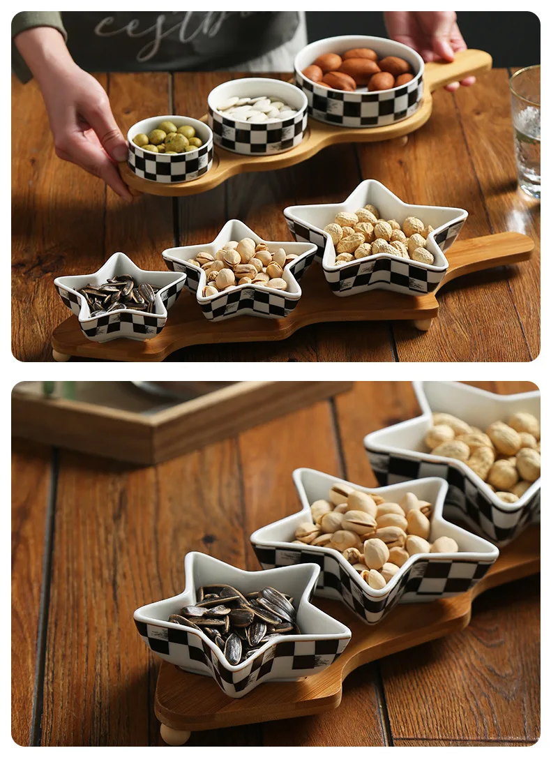 3 Compartment Dried Fruit Ceramic Plate Snack Soy Dipping Sauce Bowl