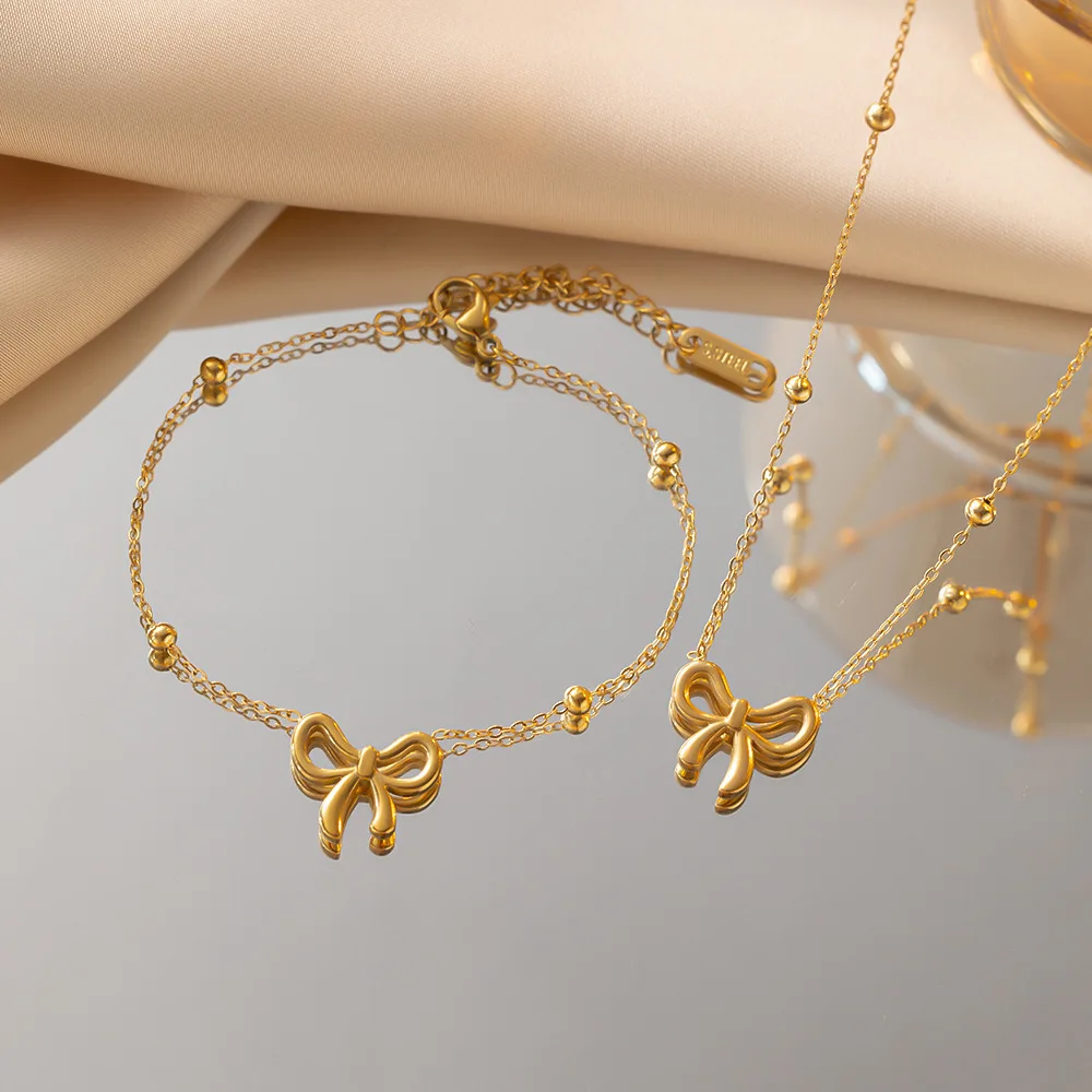 Gold Plated Bow Knot Bracelet Earrings Jewelry Set Adjustable Stainless Steel Beads Bowknot Pendant Necklace For Women Girl Gift - Buy Stainless Steel Cute Bow Pendant Necklace For Women Female New ...