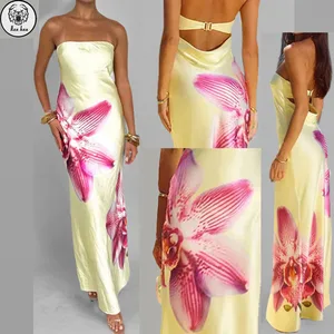 Wholesale Summer Pink Floral Printing Slim Fit Backless Women Casual Stain Maxi Dresses
