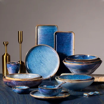 colored glaze blue luxury porcelain tableware ceramic dinnerware set dinner for restaurant hotel