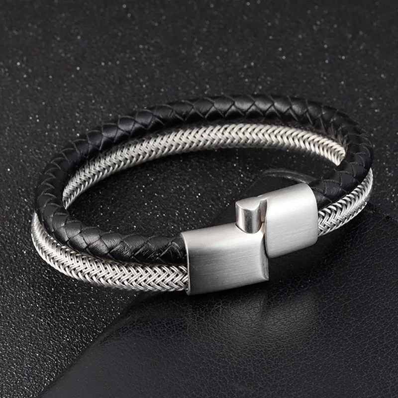 Hot Selling Stainless Steel Wire Leather Rope Bracelet Woven Bracelet ...