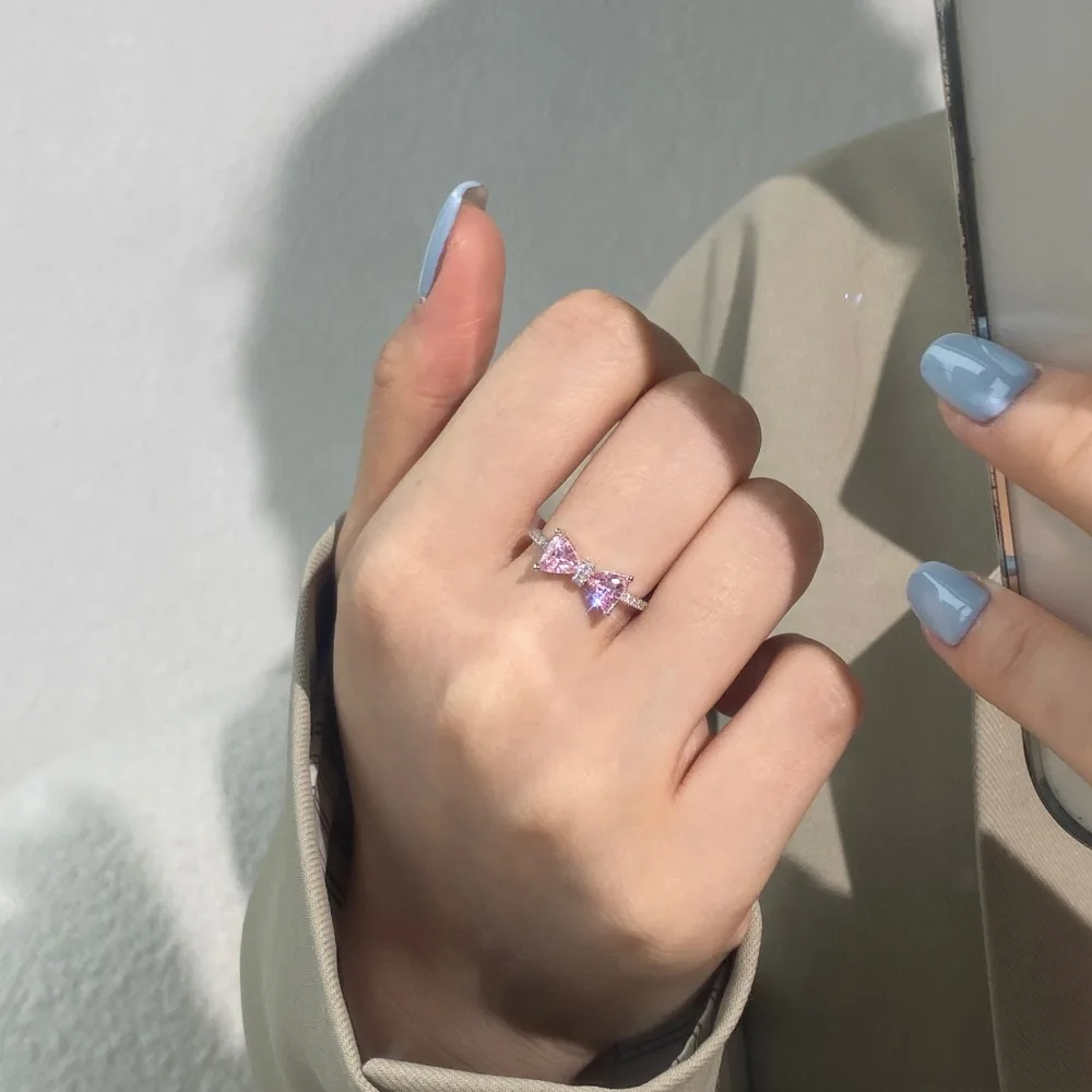 KAKODIY Pink Heart Shape Wedding Ring Shiny 5A Cubic Zirconia Ring Bow 925 Sterling Silver Ring Women Birthday Gift detail 2