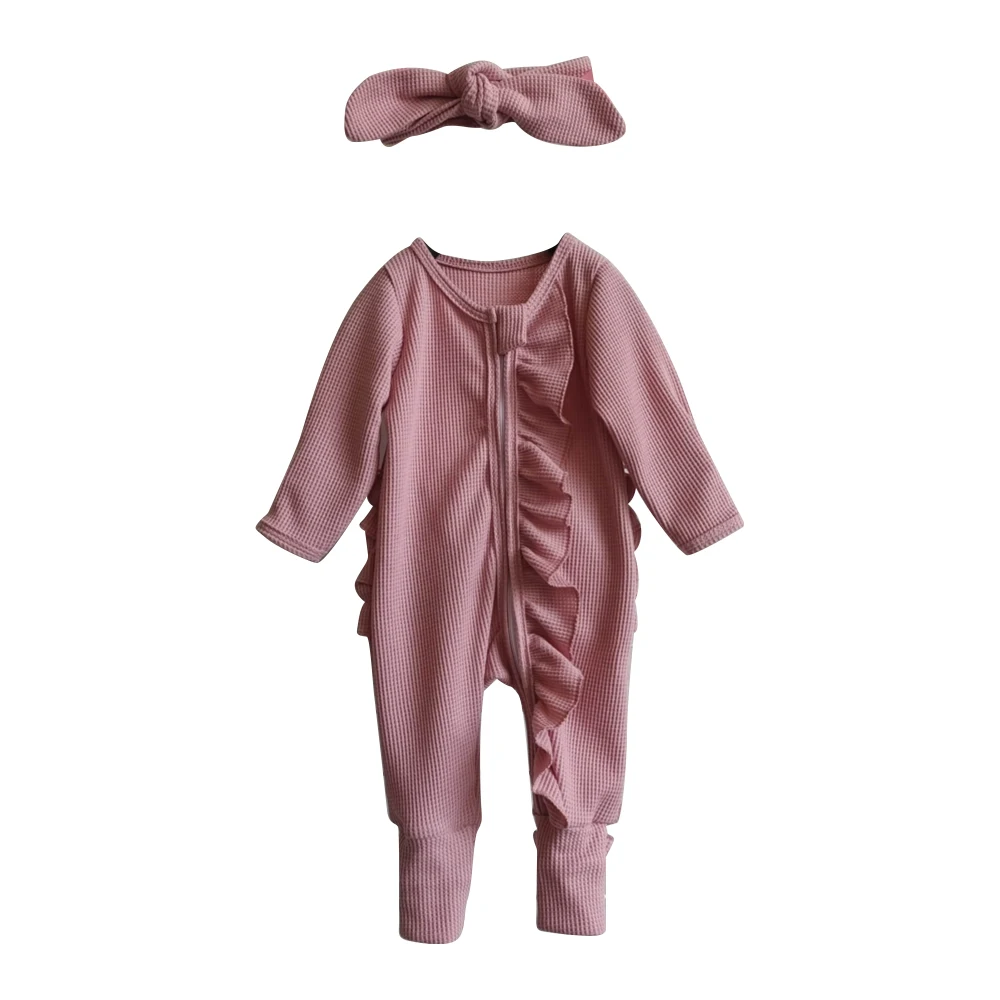 Baby Girls Waffle Knit Ruffled Footie With Bow Snug Fit Baby Ruffled ...