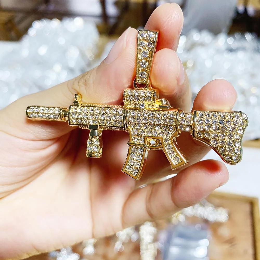Gun Pendant Iced Out Bling Jewelry RQ Men Women Hip Hop Iced Out