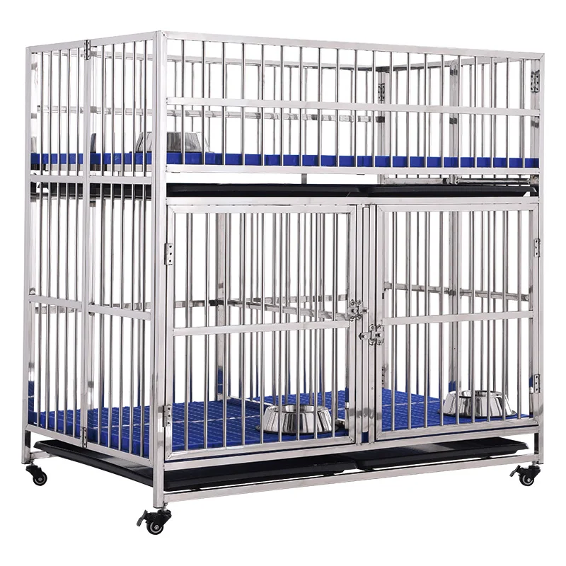 2-Door Stainless Steel Dog Crate with Plastic Tray Folding Pet Cage Featuring Solid Pattern