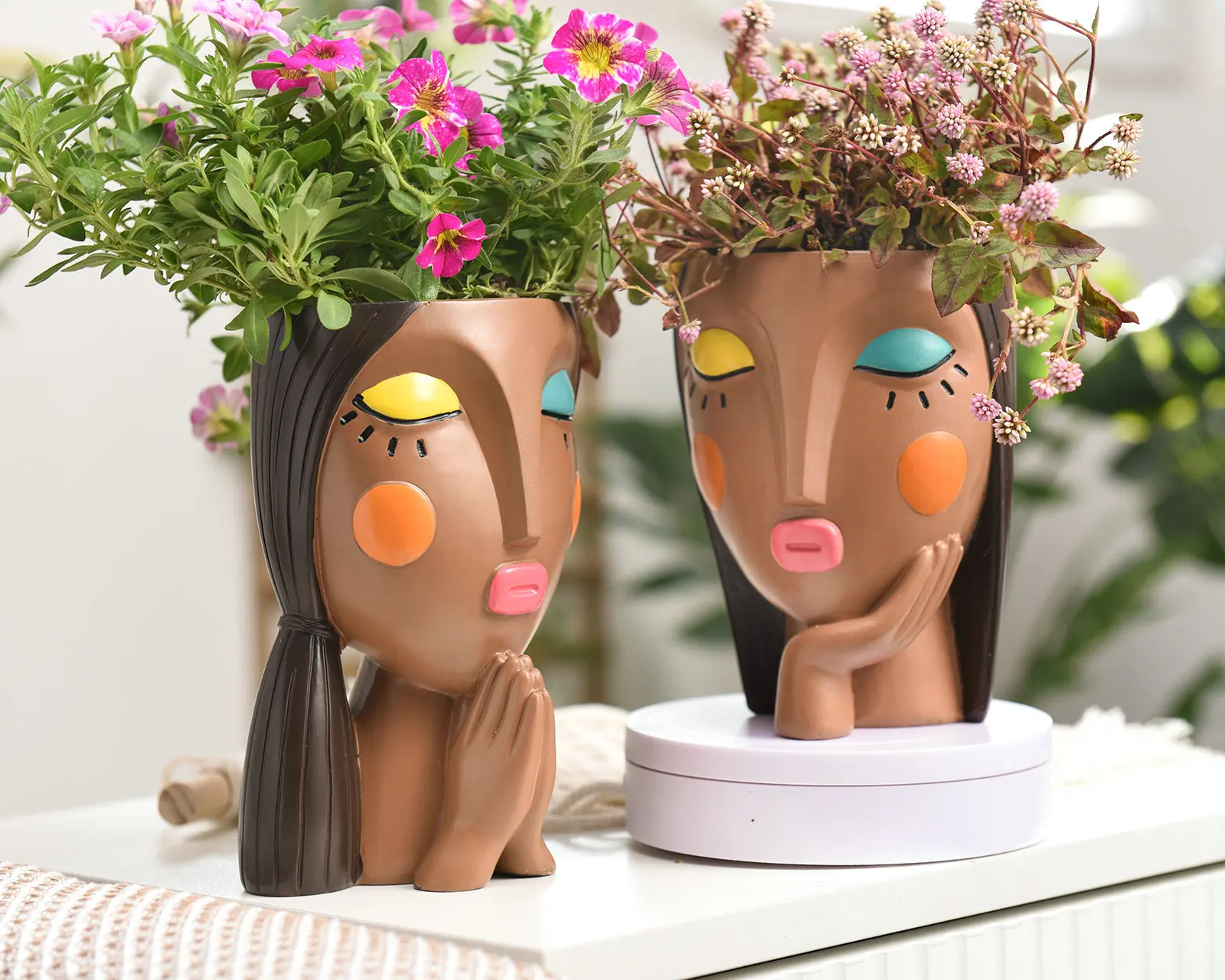New Design Succulent Face Head Planter Statue Decoration Resin Girl Face  Flower Pots Home Garden with Drainage Hole