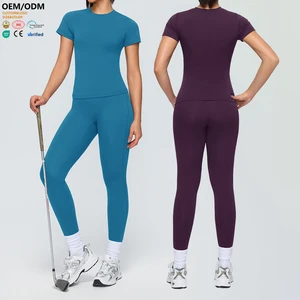 XW-52239+52341 Tshirt Short Sleeve Leggings Slimming Custom Solid Breathable Fitness Gym Clothing Women 2 Piece Yoga Wear Set