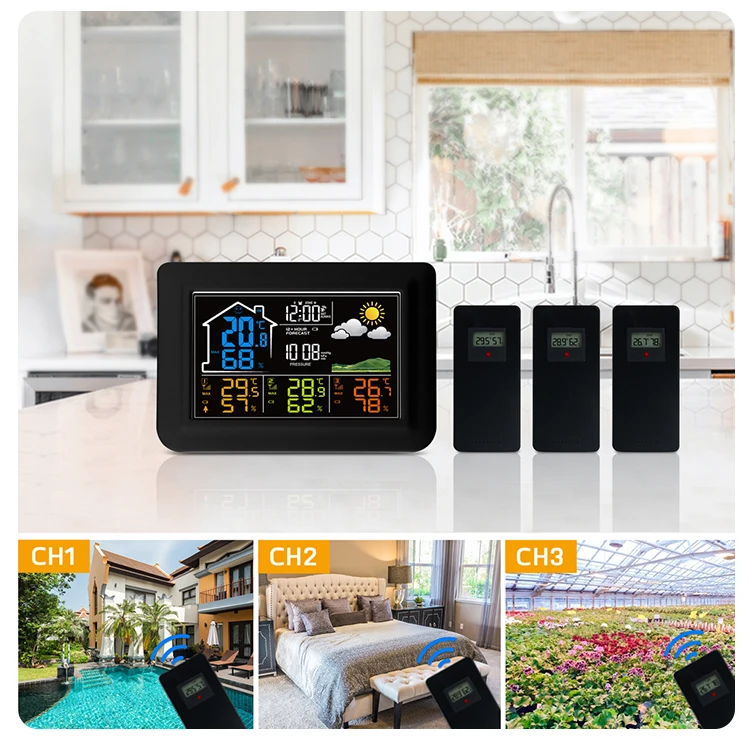2024 EVERTOP  433MHZ RF WIRELESS COLORFUL WEATHER STATION CLOCK WITH 3 SENSORS, INDOOR and OUTDOOR TEMP. and HUMI.  ET820E-3