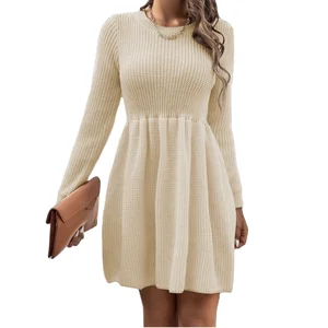 Liu Ming Women's Elegant A-Line Casual Sweater Dress Autumn Winter New Product O Neck Long Sleeve Solid Pattern Simple Natural