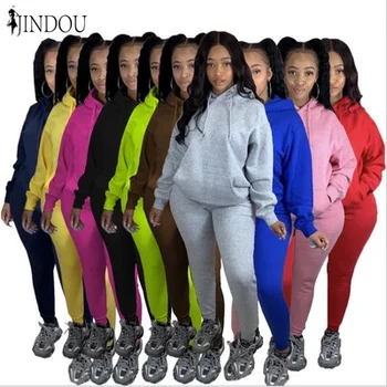Women's Hoodie Solid Color Two-Piece Sets With Velvet Running Suit for Autumn/Winter Sweatshirts