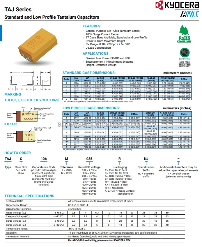 Hot sale Original TAJY227K010RNJ Capacitor 220uF Molded Tantalum Capacitors 10V 2917(7343 Metric) 500mOhm General Purpose Molded