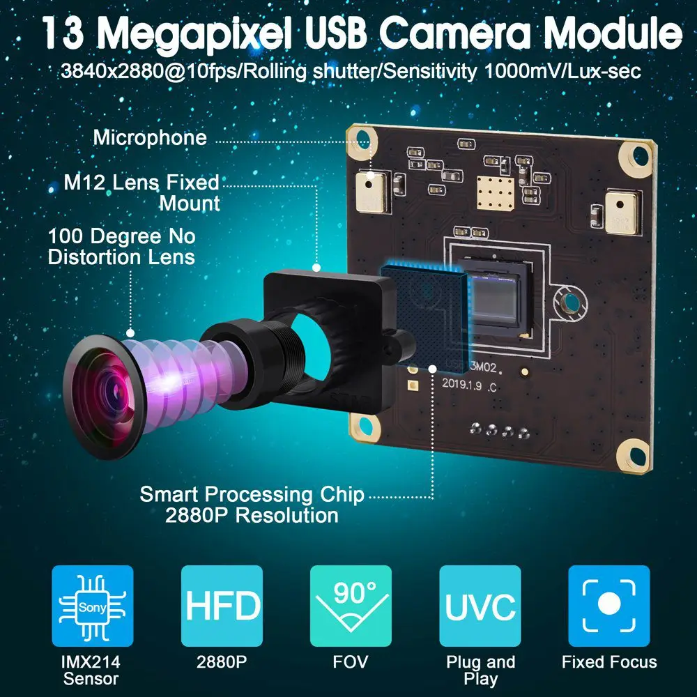 ELP Wide Angle Lens No Distortion 4k Webcam 13Mpixels CMOS IMX214 UVC HD  Mini USB Camera With MIC