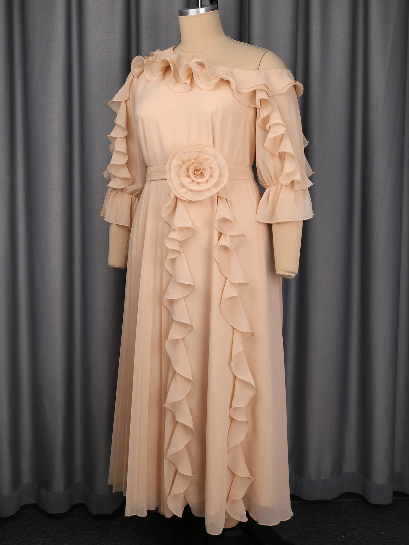 Plus Size Women Elegant Casual Dresses Champagne Chiffon Evening Dress Off-Shoulder Ruffle Sleeve Floral Belt Long Prom Dress Plus Size Women Elegant Casual Dresses Champagne Chiffon Evening Dress Off-Shoulder Ruffle Sleeve Floral Belt Long Prom Dress
