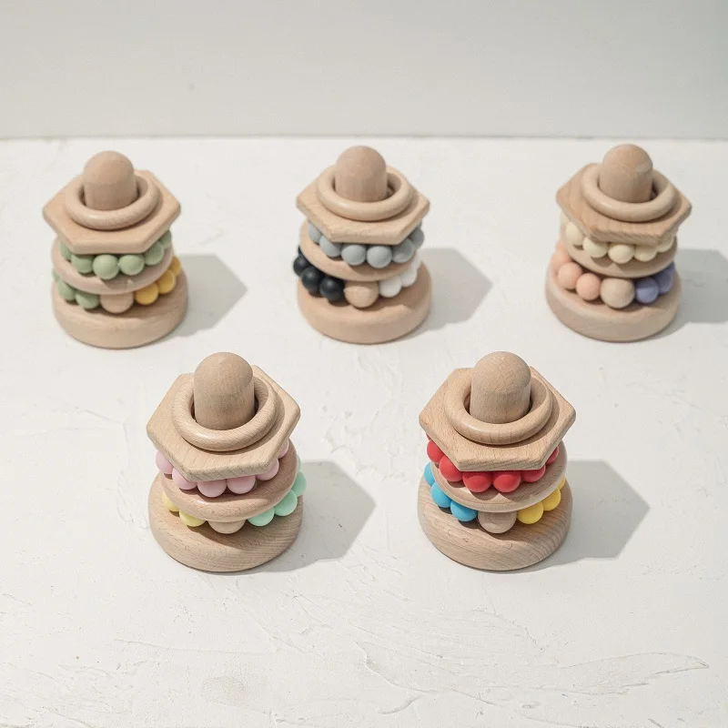 Новое креативное Разнообразие деревянных колец для укладки игрушек Детский деревянный браслет силиконовая игрушка для прорезывания зубов