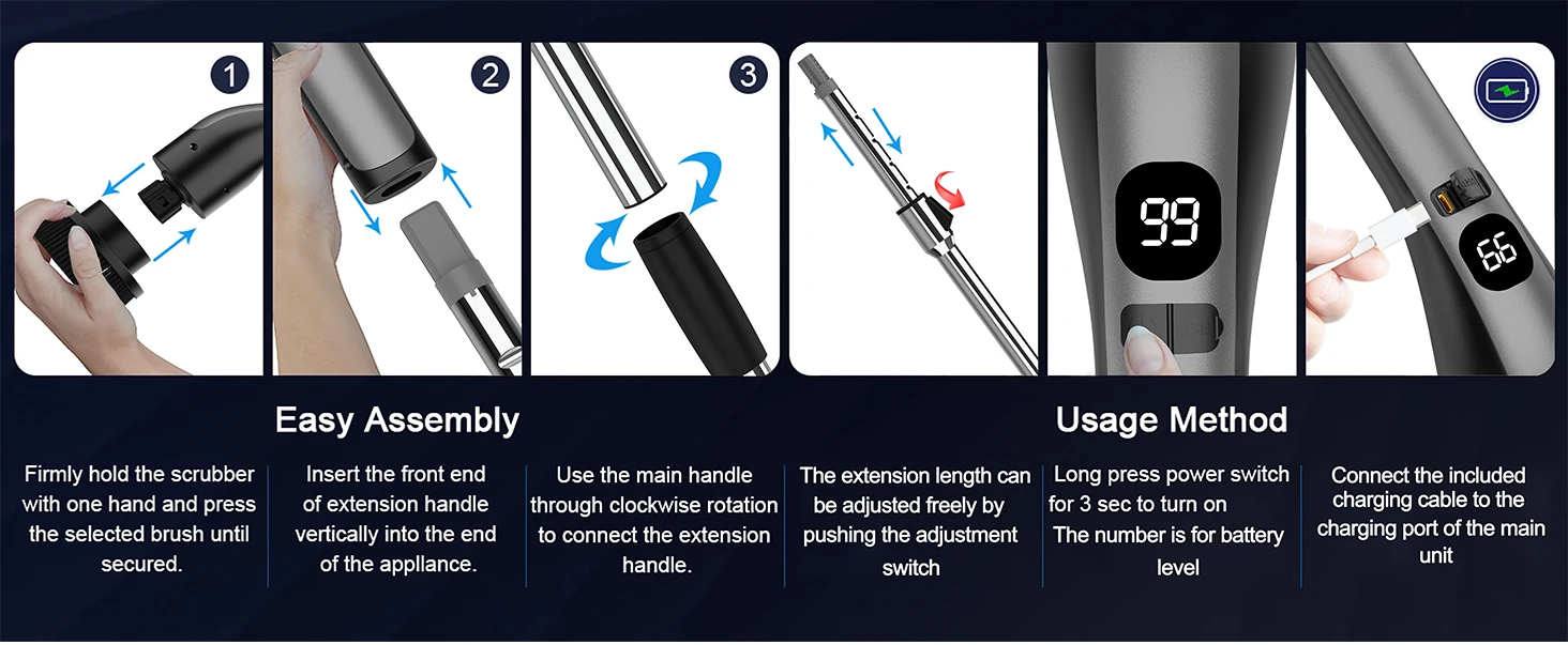 Home Kitchen Floor Cleaning Brush Long Handle Extendable Wireless Electric Rotating Model with Plastic Material