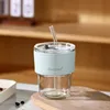 Bamboo-shaped cup, transparent with blue lid and straw