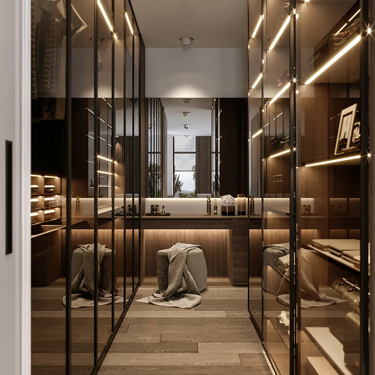I Shape Glass Simple Open Wardrobe Designs Walk in Closet Organizer Ready House for Assembly Walk in Wardrobe Outside