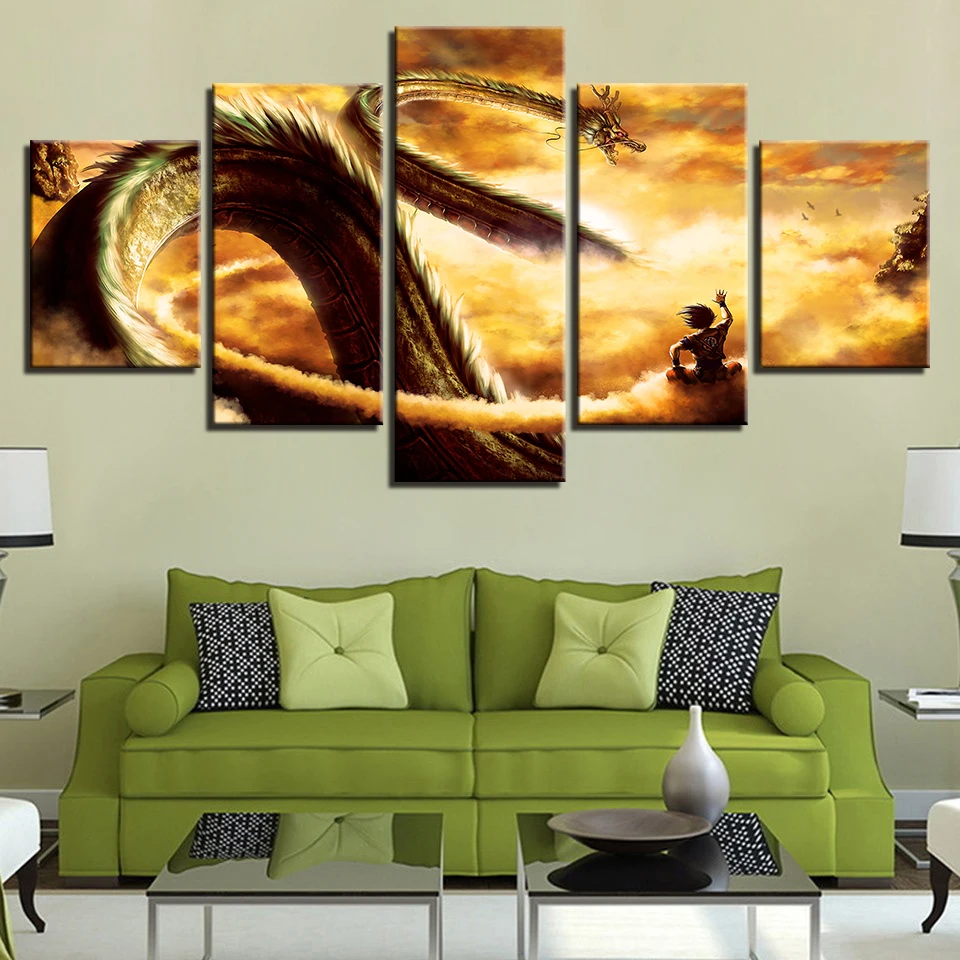 HD Prints Canvas Pictures Modern Dragon Ball  Goku Ride Shenron printed canvas wall art 5 panel