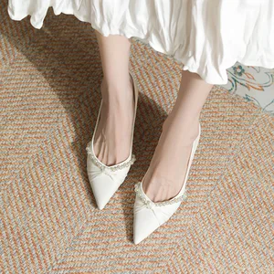 Women's Elegant High Heel Pointed Thin Heel Single Shoes 3356-1 Kink Pearl Xiuhe Wedding Satin Sheepskin Slip-On Mixed for
