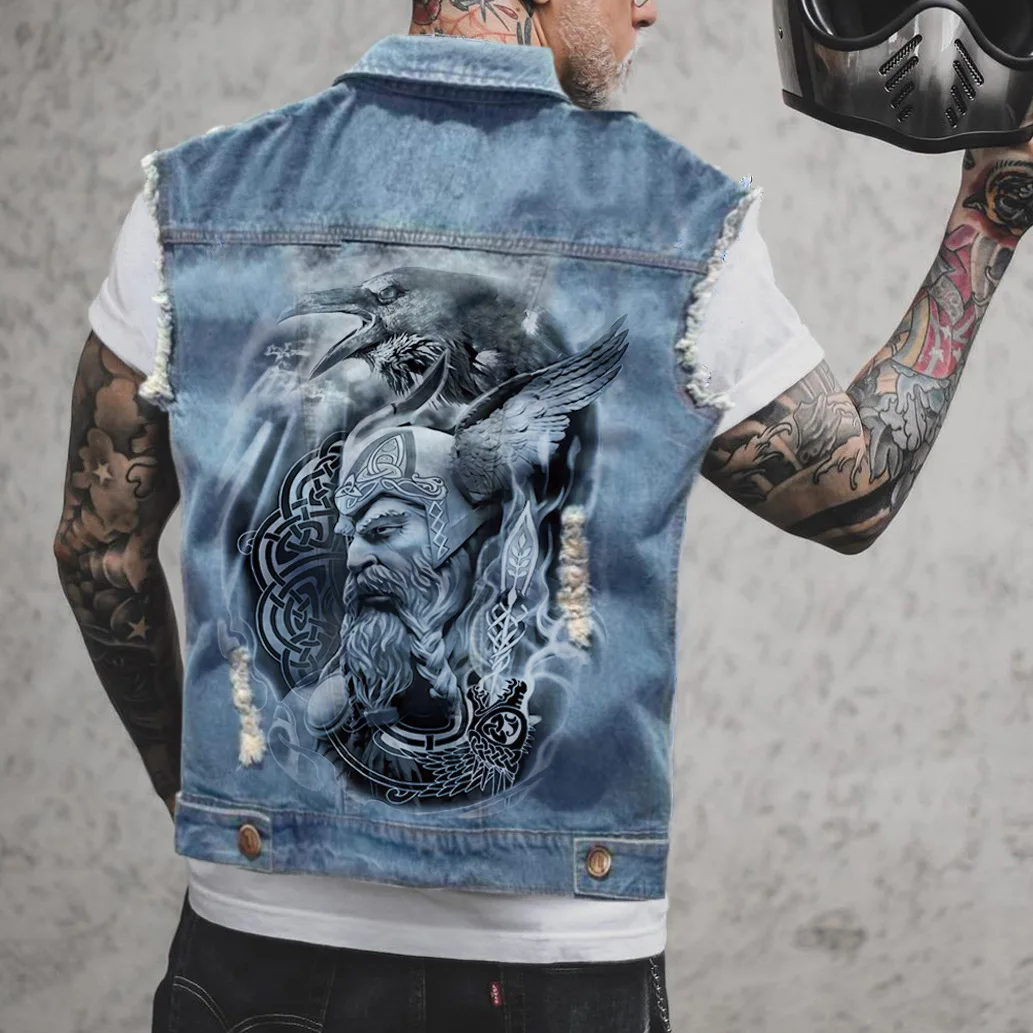 Vintage Denim Vest Jean Vest Black Denim Motorcycle Black Blue Biker Viking Graphic Sleeveless for Men manufacture