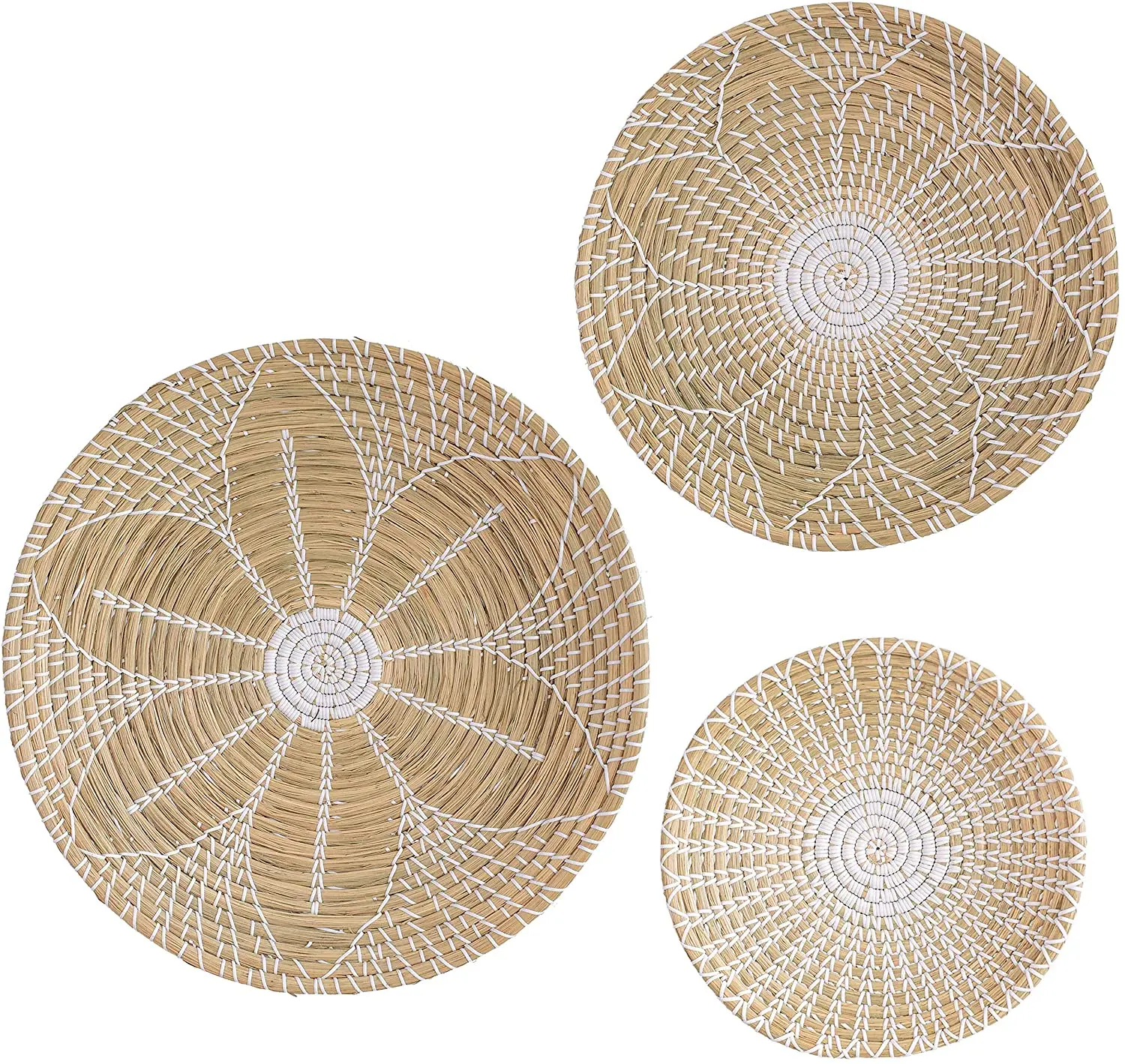 Плетеная настенная корзина, набор из 3 больших подвесных натуральных плетеных плоских корзин из морских водорослей, круглая настенная корзина в стиле бохо, декор для гостиной