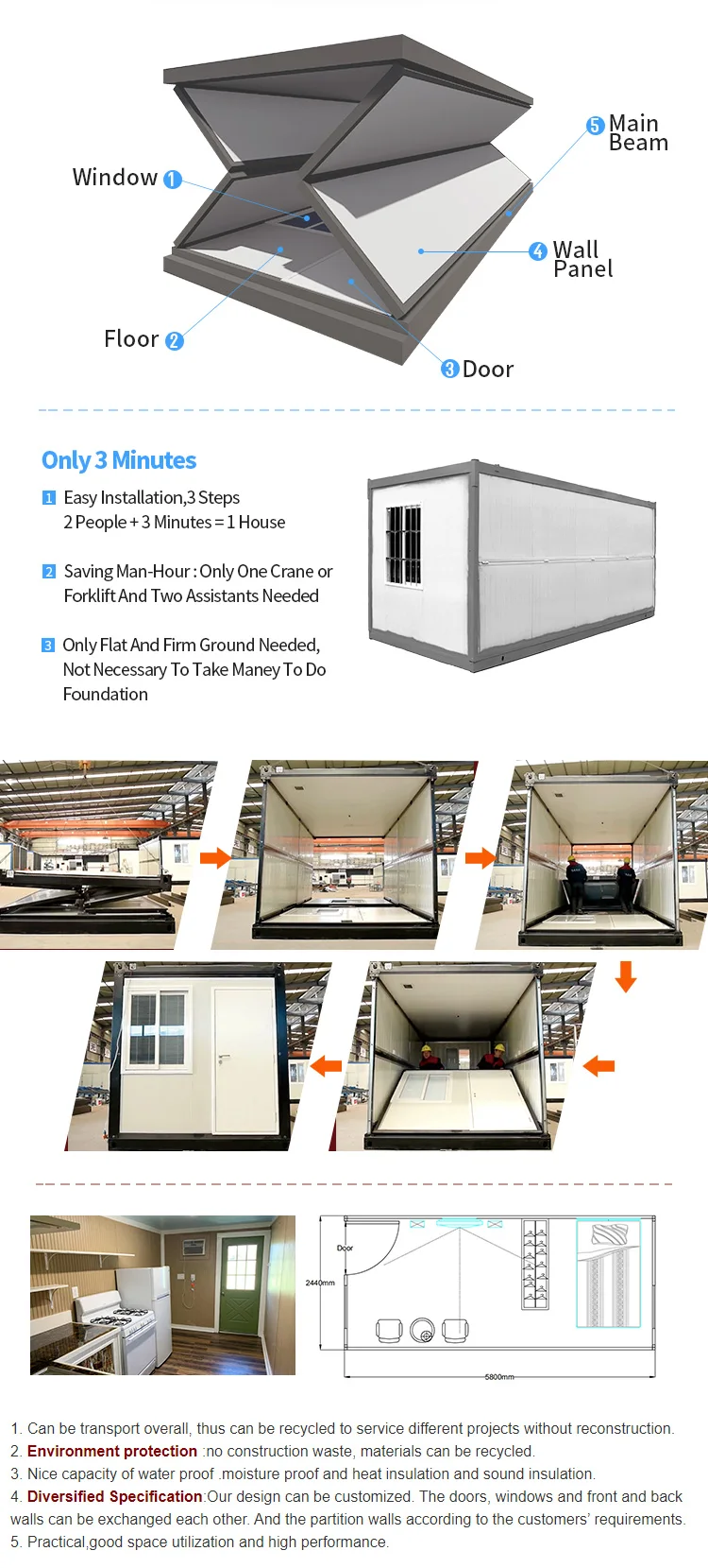 Low Cost 20ft Foldable Prefab Container Camping Houses Office Folding Container Homes Tiny Houses