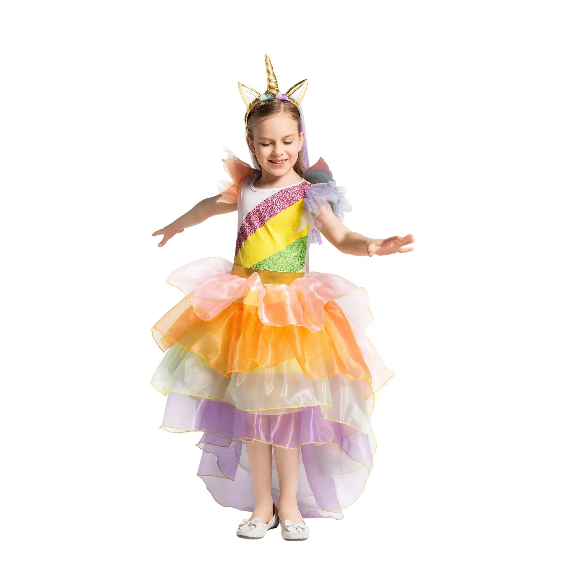 Halloween Rainbow Unicorn Princess Dress Birthday Party Cosplay Angel  Dresses Children Mesh Tutu Skirt Lace Sling Costume Wings