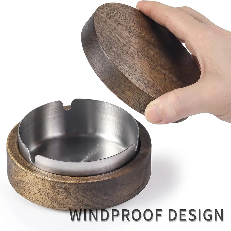 DDAJJAJ Wooden Ashtray With Lid For Smokers Stainless Steel Liner Ash