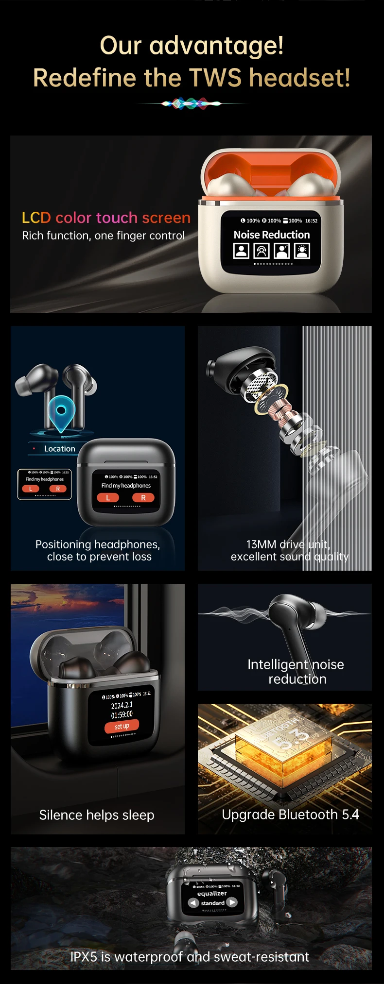 Auriculares inalámbricos YW09 pantalla táctil LCD inteligente