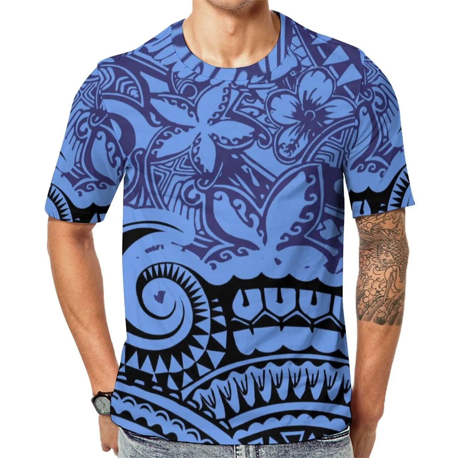 Wholesale Plus Size Polynesian Samoa Tribal Design Blue Tshirt NFL