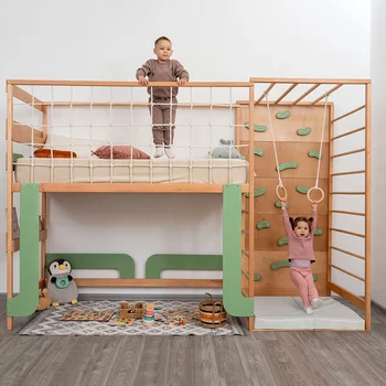 Luxurious Green Wooden Bunk Bed Fitness Climbing Frame for Children's Modern Bedroom Room