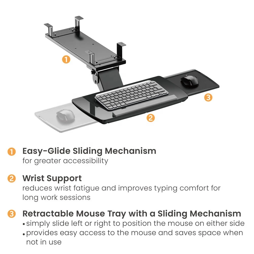 Ergonomic Sliding Adjustable Underdesk Shelf Computer Swivel Under Desk Keyboard Tray With Mouse Pad for Gaming Home Office Desk