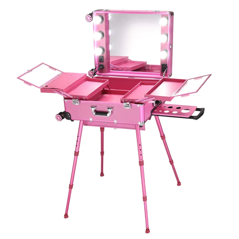 Multi-functional Professional Makeup Studio Suitcase Beauty Salon Led Lights Mirror Cosmetic Cases with Retractable Legs