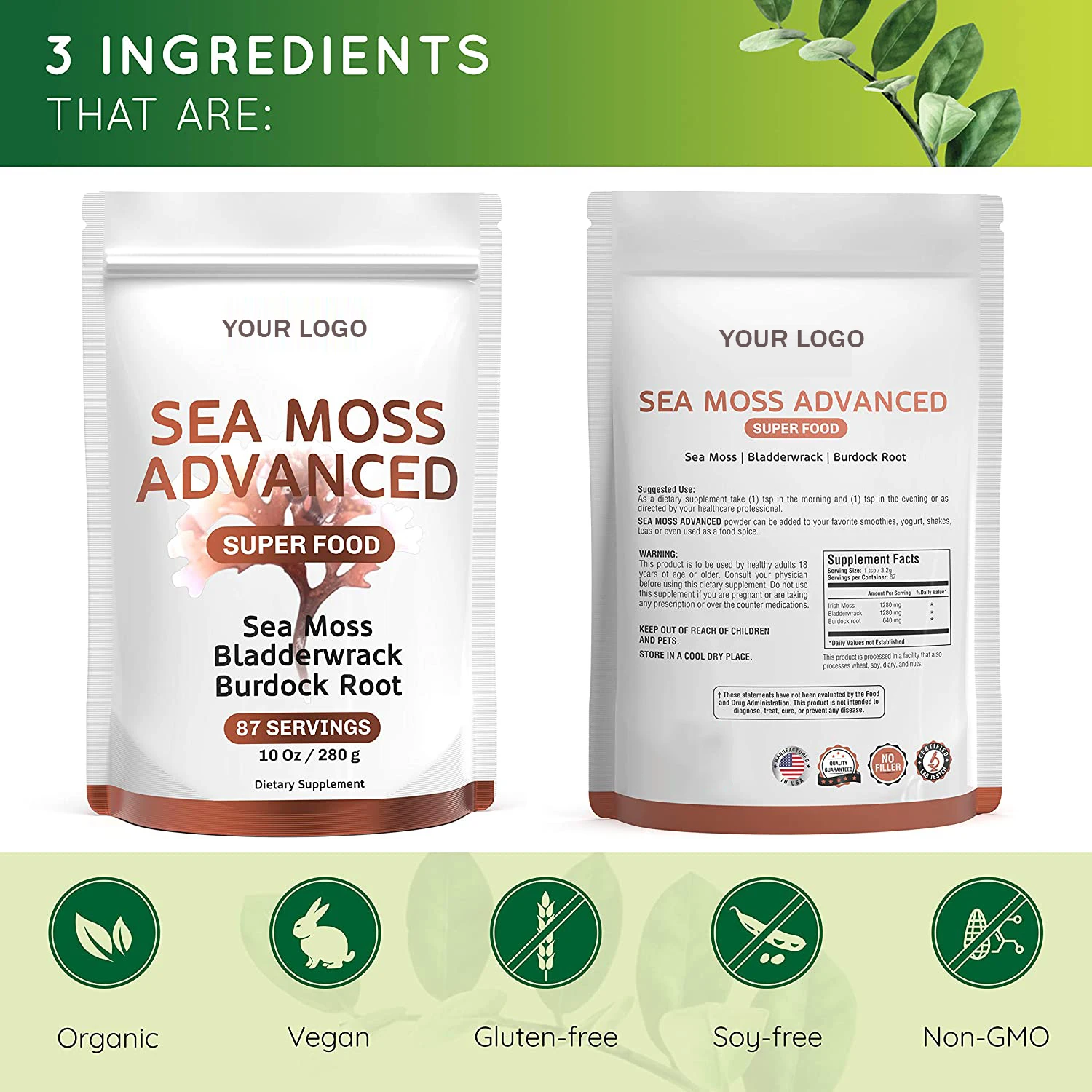 Herbal Extract Seamoss Drink Immune System Booster Vegan Sea Moss Powder Packets With Bladderwrack & Burdock Root