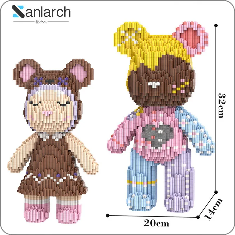 32CM 3D Model Assembled Color Stitching Mini Bear Brick Brick Figure Toys Connection Number Bearbrick Micro Building Blocks Toy