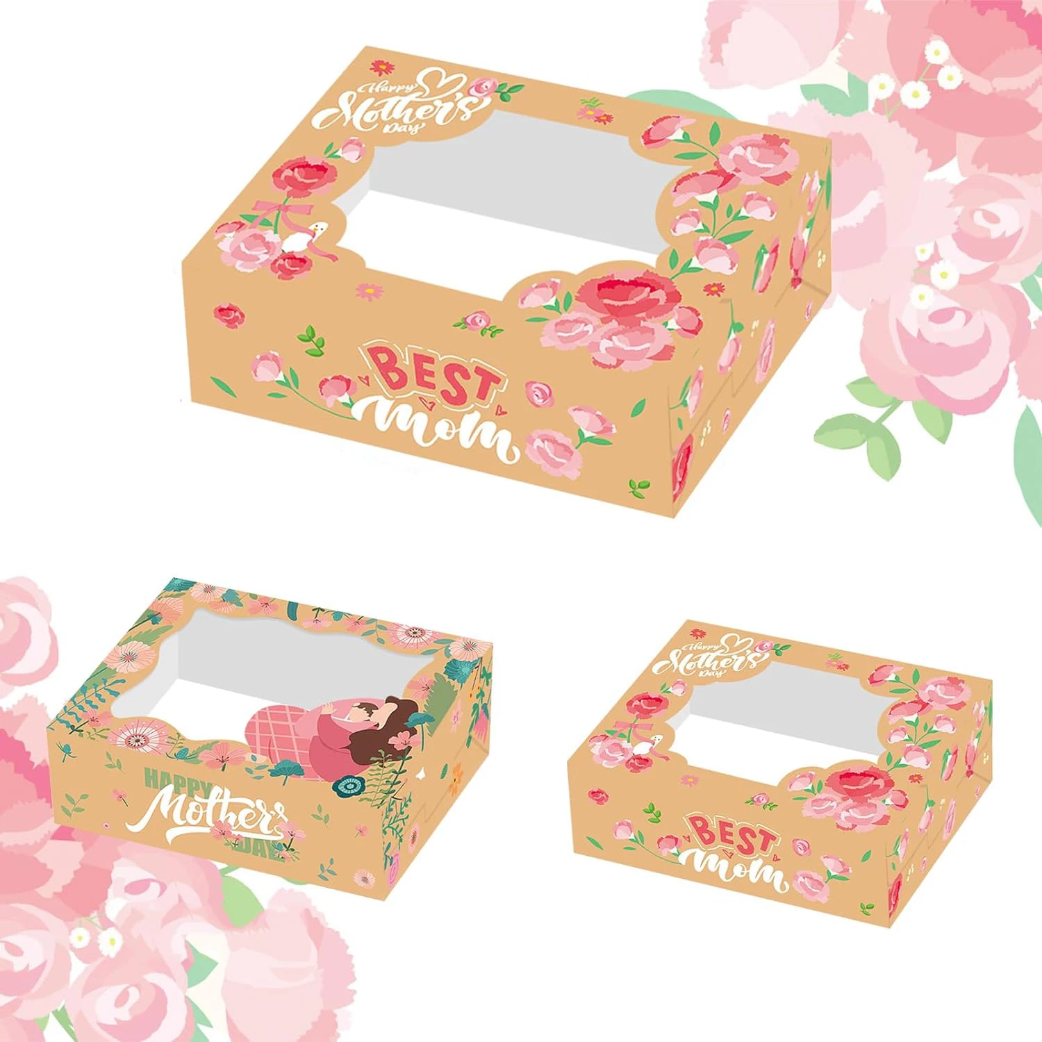 Brown Cardboard Box and square Transparent Window Brand logo Custom Floral Pattern Mother's Day Fortune Cookies Packing