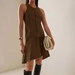 Clothing Manufacturers Custom Spring Summer Autumn Patchwork Sleeveless Ladies Brown a Line Female Elegant Silk Mini Dress