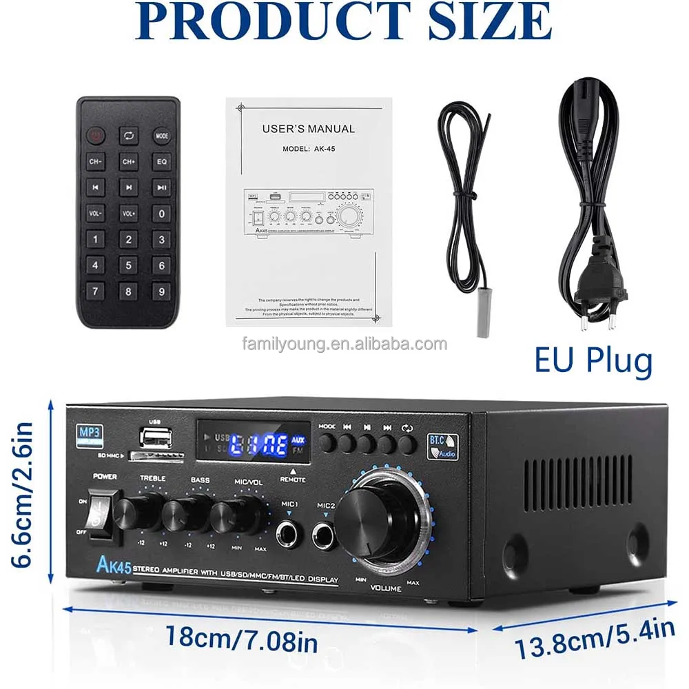 AK45 Digital Amplifier 2 Channel Wireless Stereo Audio HiFi Amplifier Theater Stereo Receiver for Home Speaker FM Radio