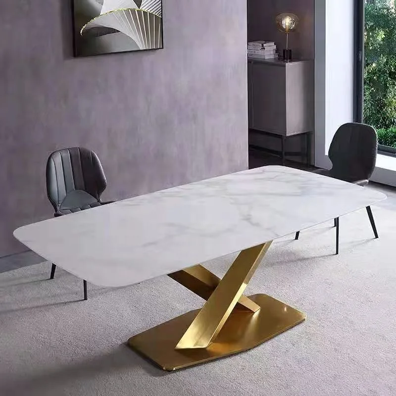 Luxury Dining Table Rectangular Shape Sintered Stone Marble Top Gold Stain Steel Stand Unique Design Restaurant Table