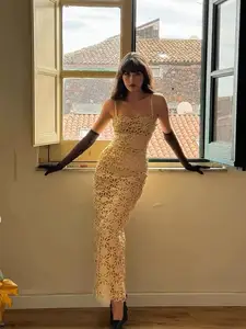 Bettergirl French Floral champagne Gold Hollow Out Long Dress 2026 Spring Strapless Elegant Party Dress