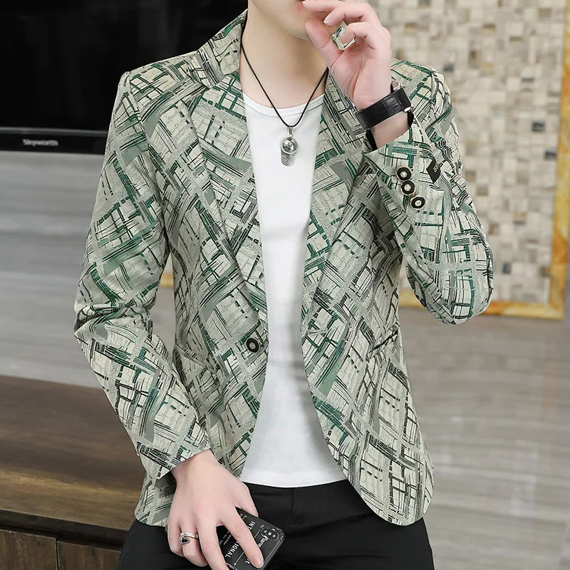 Spring and Autumn handsome monogram pattern single breasted suit male  hairdresser daily leisurely slim suit jacket cool - AliExpress