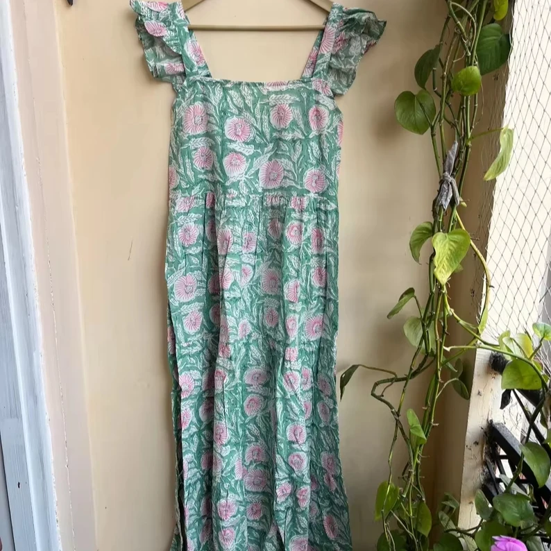 Boho Summer Dress Indian Cotton Summer Dress Green Long Gown with Hand Block Printed Floral Design ODM Supply Boho Summer Dress Indian Cotton Summer Dress Green Long Gown with Hand Block Printed Floral Design ODM Supply