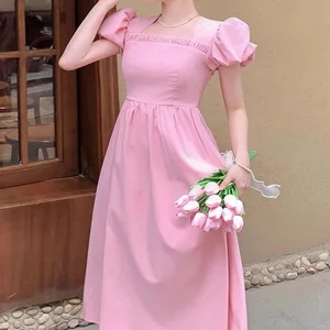 French Puff Sleeve Dress Pink Breathable Jersey Fabric Casual Romantic Print Pattern Front Button Decoration for Beach Summer