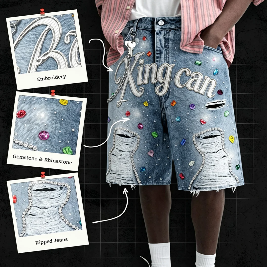 product custom streetwear men loose denim shorts acid washed ripped design decorated chenilleembroidery colored rhinestones metal chains-3