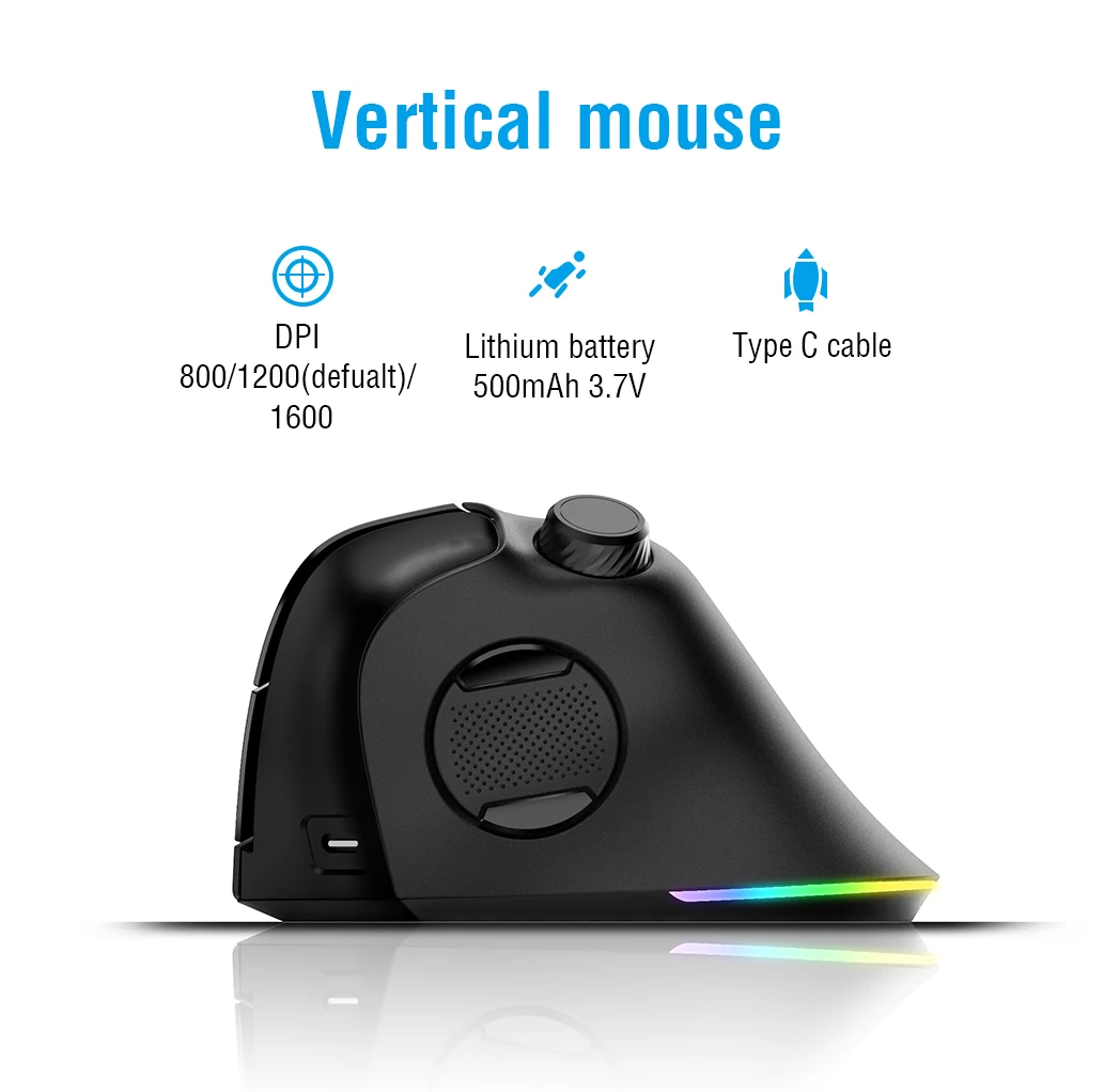 ماوس عمودي مريح قابل لإعادة الشحن عبر منفذ USB، بإضاءة خلفية RGB، 3 أزرار، دقة 1200 نقطة في البوصة، يدعم ثلاثة أوضاع، لاسلكي 2.4 جيجا هرتز، بلوتوث 1 وبلوتوث 2، مناسب لأجهزة الكمبيوتر المحمولة والمكتبية